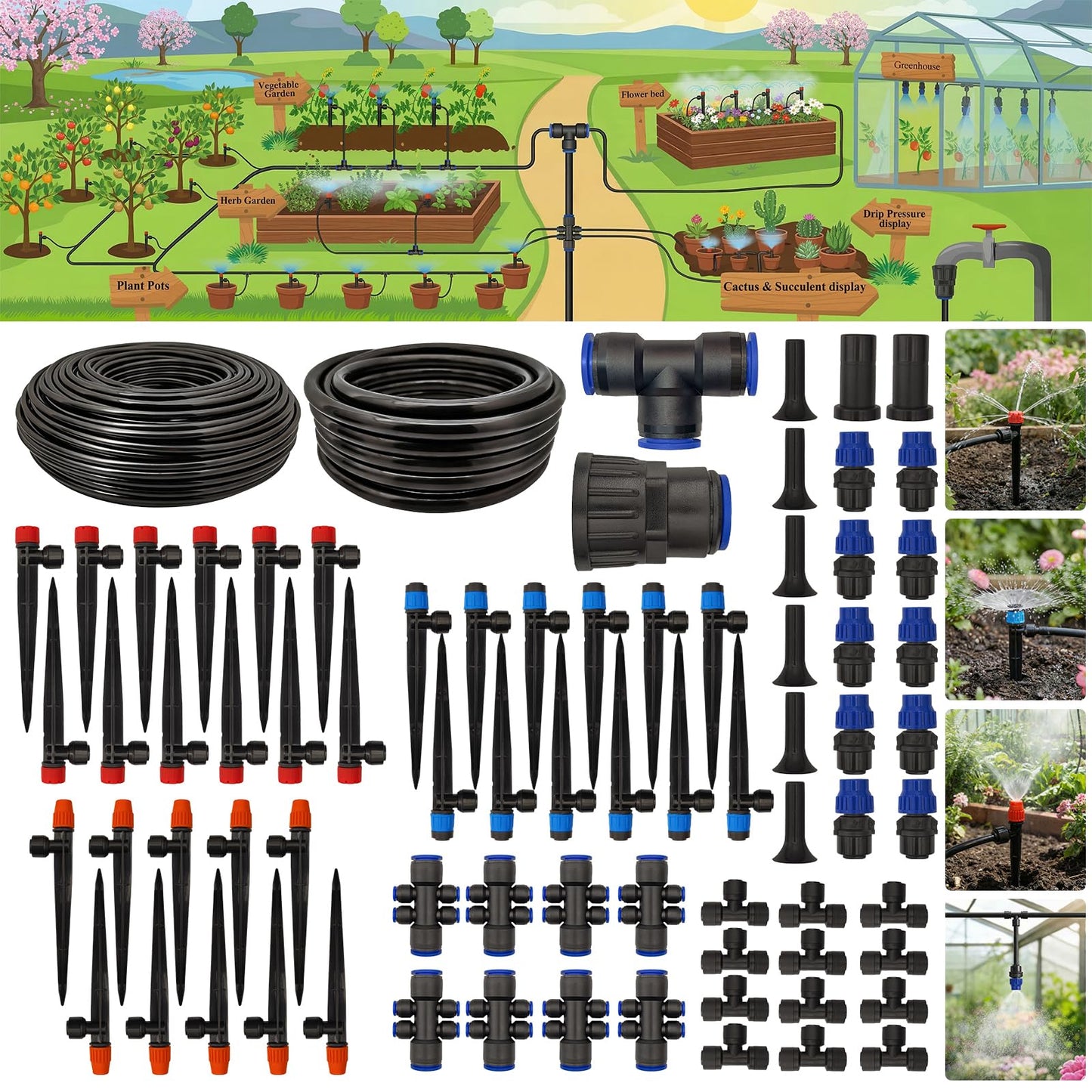 Drip Irrigation System 230FT Quick-Connect Drip Irrigation Kit with 1/4 inch 1/2 inch Irrigation Tubing Hose and Accessories for Lawn Raised Bed Greenhouse Plant Watering System