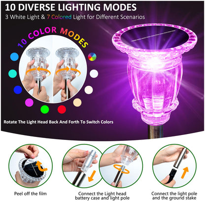 Solar Pathway Lights Outdoor 2 Pack, 10 Modes RGB Color Changing & White Solar Garden Lights, 17.5" IP65 Waterproof Glass Stainless Steel Solar Powered Landscape Lights for Yard Walkway Driveway Patio
