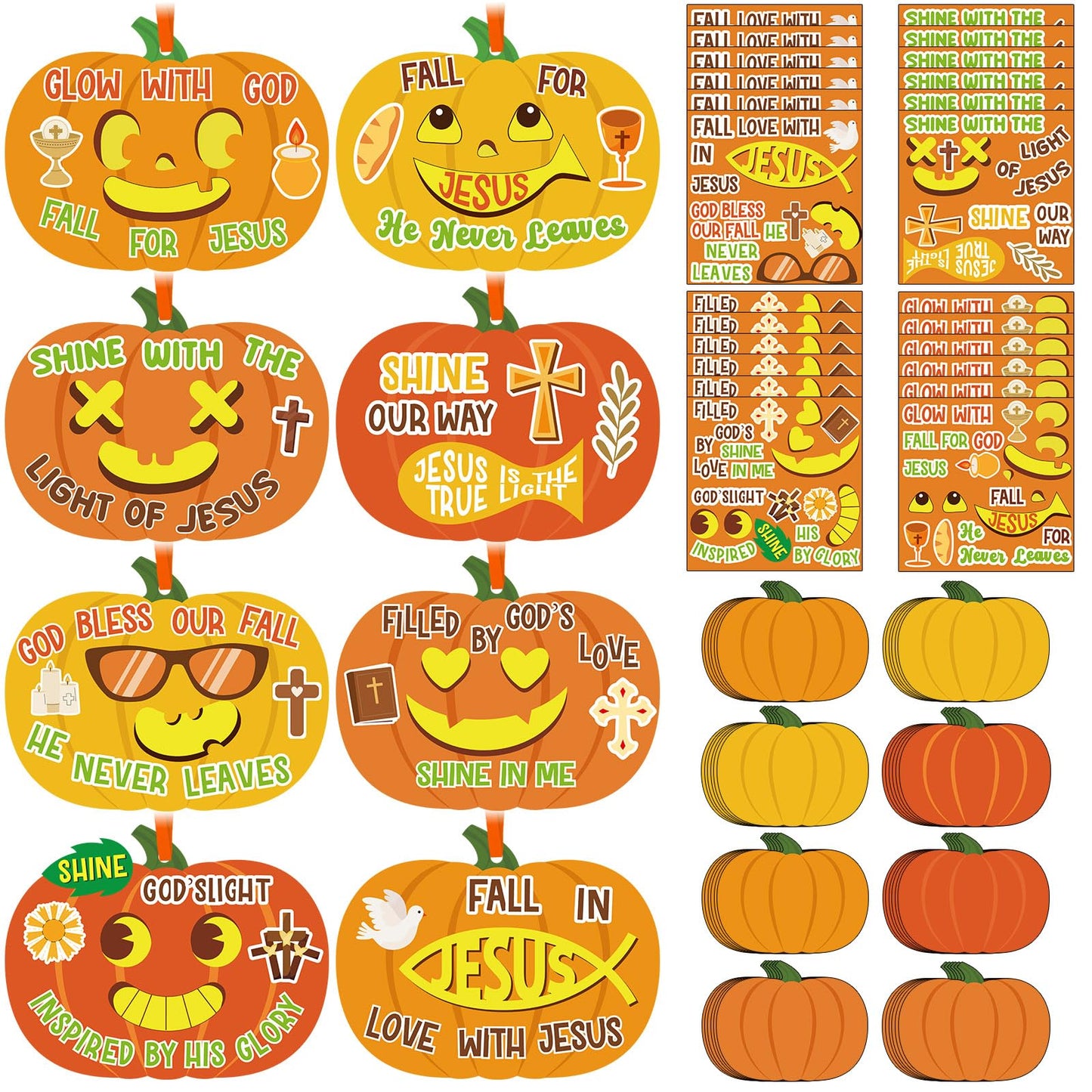 Frienda 48pcs Thanksgiving Pumpkin Craft Kit Christian Fall Jesus Pumpkin Cross Hanging Ornaments with Ribbons Halloween DIY Religious Faith Crafts for Sunday School Party Home Activities