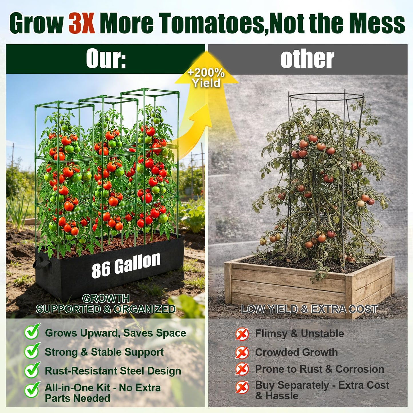 BobbleT 3 Pack Heavy Duty Tomato Cages with 86 Gallon Grow Bag, 41" Adjustable Tomato Trellis for Raised Garden Bed, Sturdy Square Plant Support for Climbing Vegetables, Cucumbers & Garden Plants