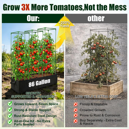 BobbleT 3 Pack Heavy Duty Tomato Cages with 86 Gallon Grow Bag, 41" Adjustable Tomato Trellis for Raised Garden Bed, Sturdy Square Plant Support for Climbing Vegetables, Cucumbers & Garden Plants
