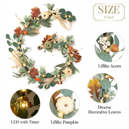 Valery Madelyn Fall Garland for Mantle, 6ft Lambs Ear Leaves Garland with Lights White Pumpkins Thanksgiving Table Centerpiece, Fall Autumn Decorations for Home Porch Fireplace Outdoor Halloween Decor