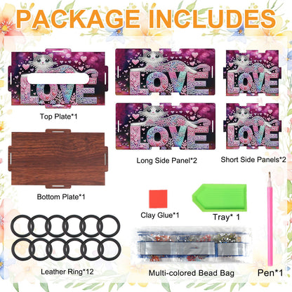 Diamond Painting Tissue Box Cover – Love Letter & Cat Design Wooden DIY Rhinestone Diamond Art Kit, Cute Handmade Craft Tissue Holder for Desktop Home Office Decor