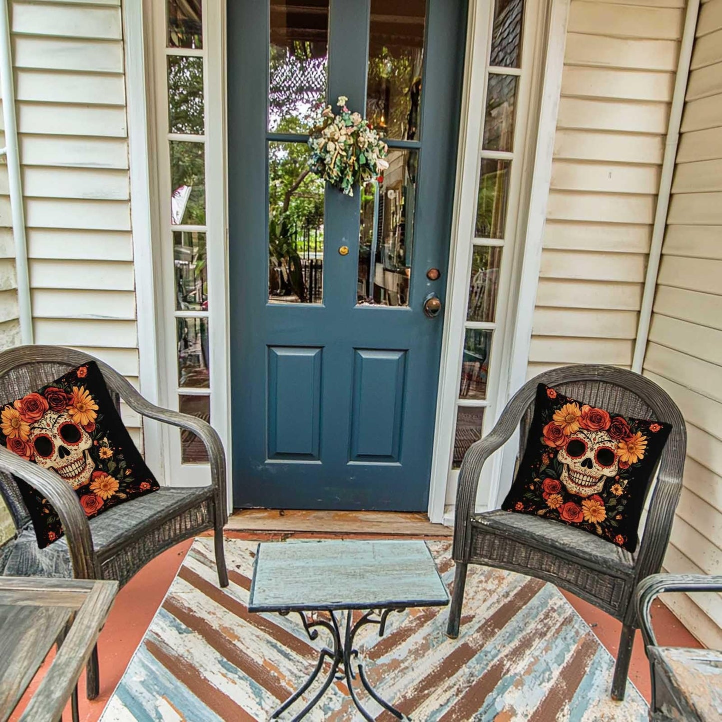 FexNuvko Sugar Skull Throw Pillow Covers 18x18 Set of 2, Day of the Dead Skull Floral Cushion Covers, Gothic Boho Decorative Pillowcase for Sofa Couch Living Room, Halloween Fall Home Decor