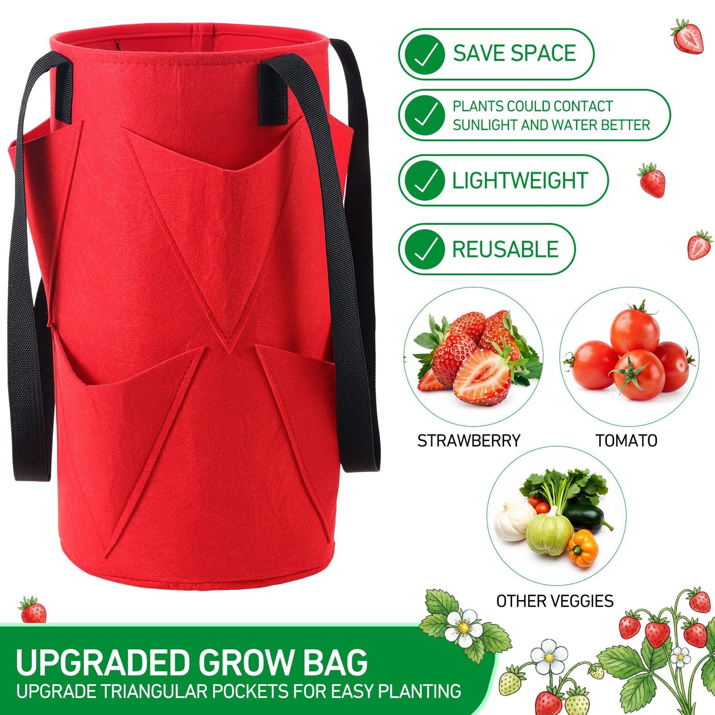 SATINIOR 10 Pack Upside Down Strawberry Planter Set Hanging Vegetables Grow Bags with 10 S Hooks, 3 Gallon Fabric Planting Bags for Easy Vertical Gardening(Red)