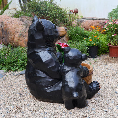 Bear and Cub Garden Planter - 21-Inch Large Resin Black Bear Statue with Flower Barrel, Rustic Wood Carved Look Flower Pot for Outdoor Porch Patio Yard Decor, Animal Sculpture Housewarming Gift