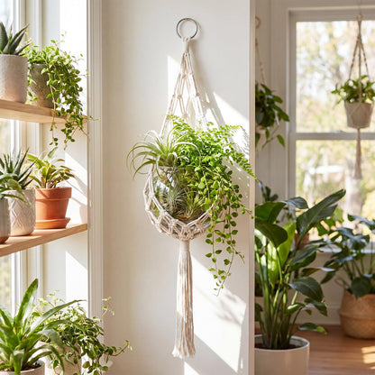 Junkin 1 Set Handmade Macrame Plant Hanger with Plastic Bowl Fish Tank, Cotton Rope Hanging Planter Basket for Indoor Outdoor Wall Decor, Boho Style, No Plant Included