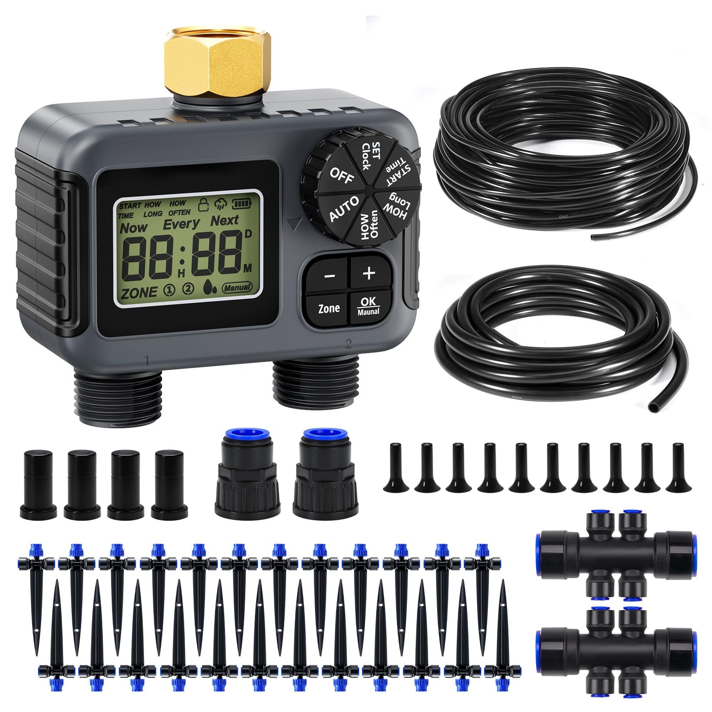 HIRALIY 100FT Drip Irrigation Kit with Garden Water Timer-2 Zone, Automatic Garden Watering System for Raised Bed, Quick Connect Design, Irrigation System for Plant Patio