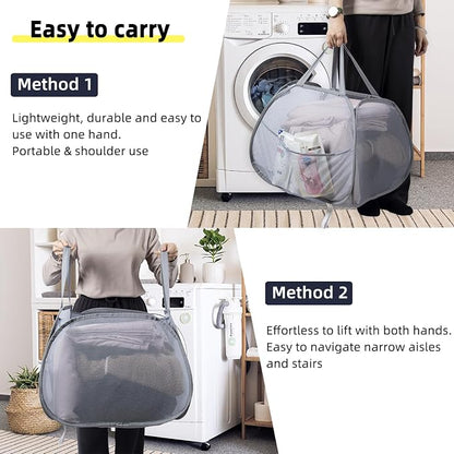 Collapsible Laundry Basket, 90L Foldable Pop-up Laundry Hamper with Handles, Mesh Dirty Clothes Hamper for Laundry, Bathroom, Kids Room, Dorm,Travel or Camping (White, 2PCS)