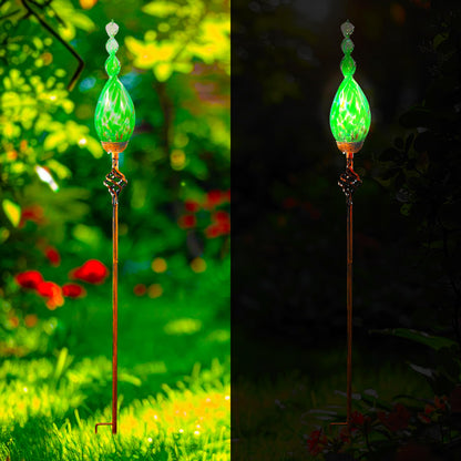 Naboher Solar Garden Lights Outdoor, Decorative LED Flame Garden Stakes, Hand Blown Glass and Outdoor Waterproof Glass Stakes (Green)