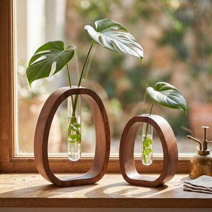 Houmury Walnut Wood Propagation Station Set of 2 Hydroponic Glass Test Tube Vases 7.5” & 5.8” for Plants Cuttings Modern Farmhouse Table Centerpieces for Home Office Desk Decor