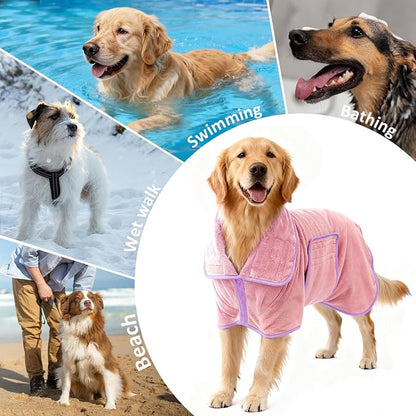 Soft Dog Bathrobe Fast Drying Dog Coat, Super Absorbent Dog Towels for After Bath, Microfiber Pet Robe Adjustable Collar & Belly Warm Keeping Dogs Coat for Pet Dogs & Cats (Pink, Medium)