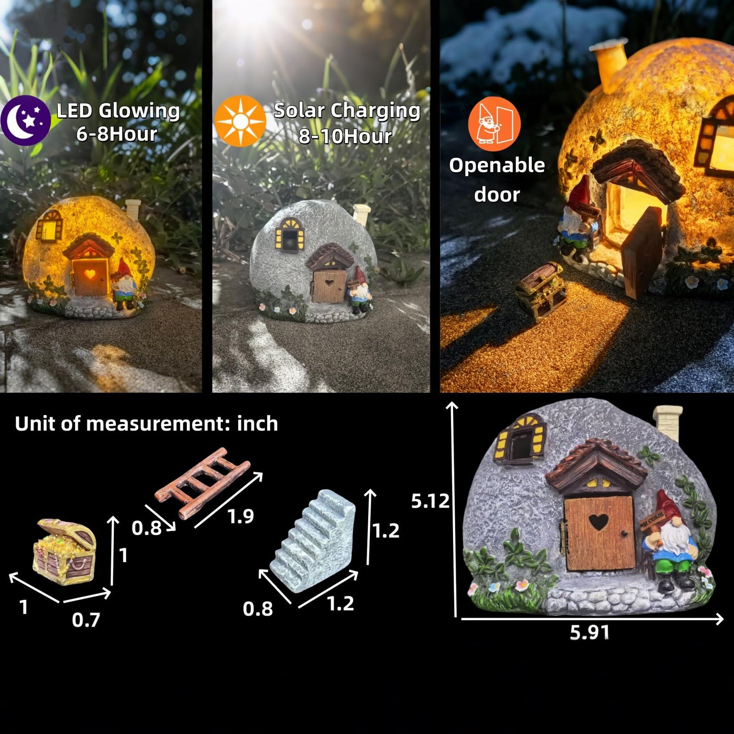 QCF Fairy Garden Accessories Gnome House 4 Pcs Kit, Solar Statues with Openable Door for Yard Lawn Patio, Resin Stone Houses, Treasure chest, staircase, ladder Figurines, Birthday Gifts Idea for Women