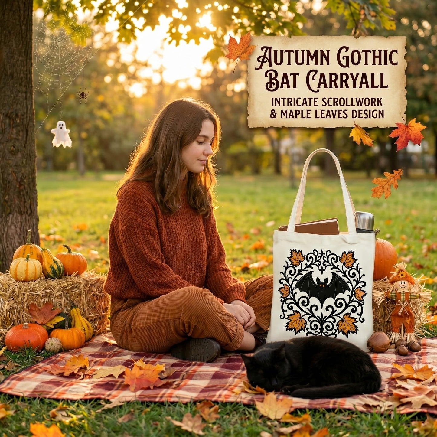 2 Pack Vintage Fall Halloween Canvas Tote Bags,Retro Gothic Ghost Witch Pumpkin Bat&Autumn Maple Leaf,Reusable Carryall Bags for Trick-or-Treat,Fall Harvest&Thanksgiving Gifting (Bat&Pumpkin)
