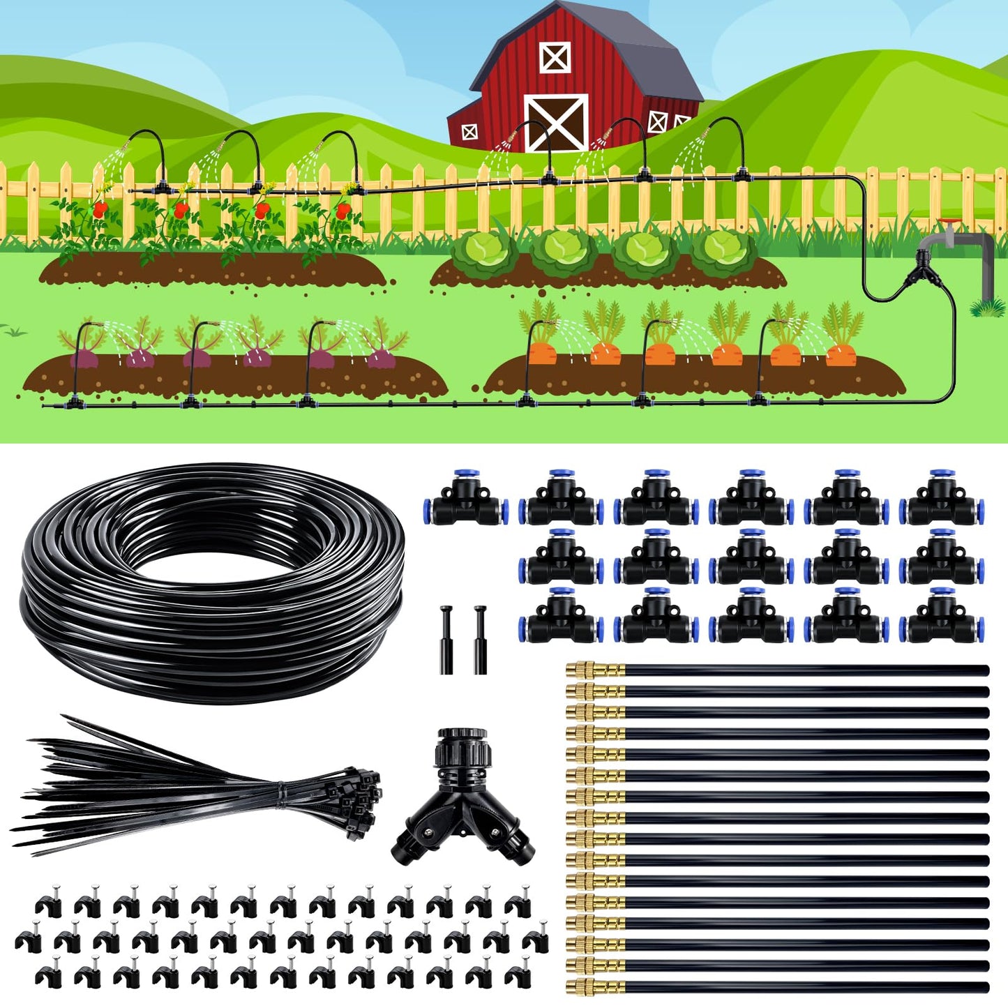 100 Ft Drip Irrigation System for Garden - 16pcs Adjustable Brass Nozzles & Bendable Rod,Upgraded Garden Watering System for Outdoor Plants,Raised Bed,Yard,Potted Plant,Lawn