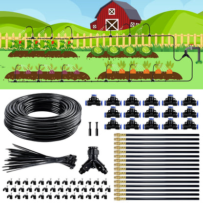 100 Ft Drip Irrigation System for Garden - 16pcs Adjustable Brass Nozzles & Bendable Rod,Upgraded Garden Watering System for Outdoor Plants,Raised Bed,Yard,Potted Plant,Lawn