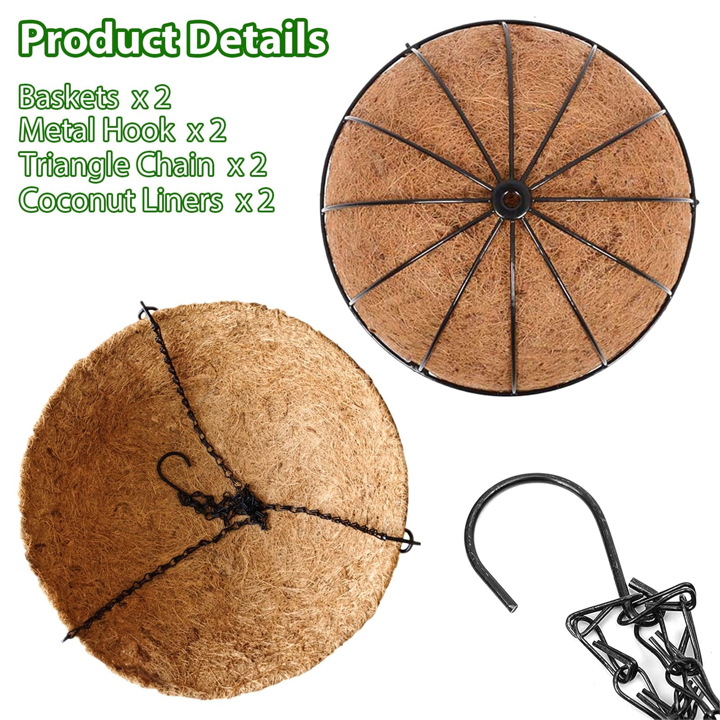 LCHUANG Hanging Baskets Planter for Plants - 2 Pack 12 Inch Metal Baskets with Coco Coir Liner, Hanging Flower Pots for Outside with Chain, Indoor Outdoor Garden Porch Decoration (12'' Pack of 2)