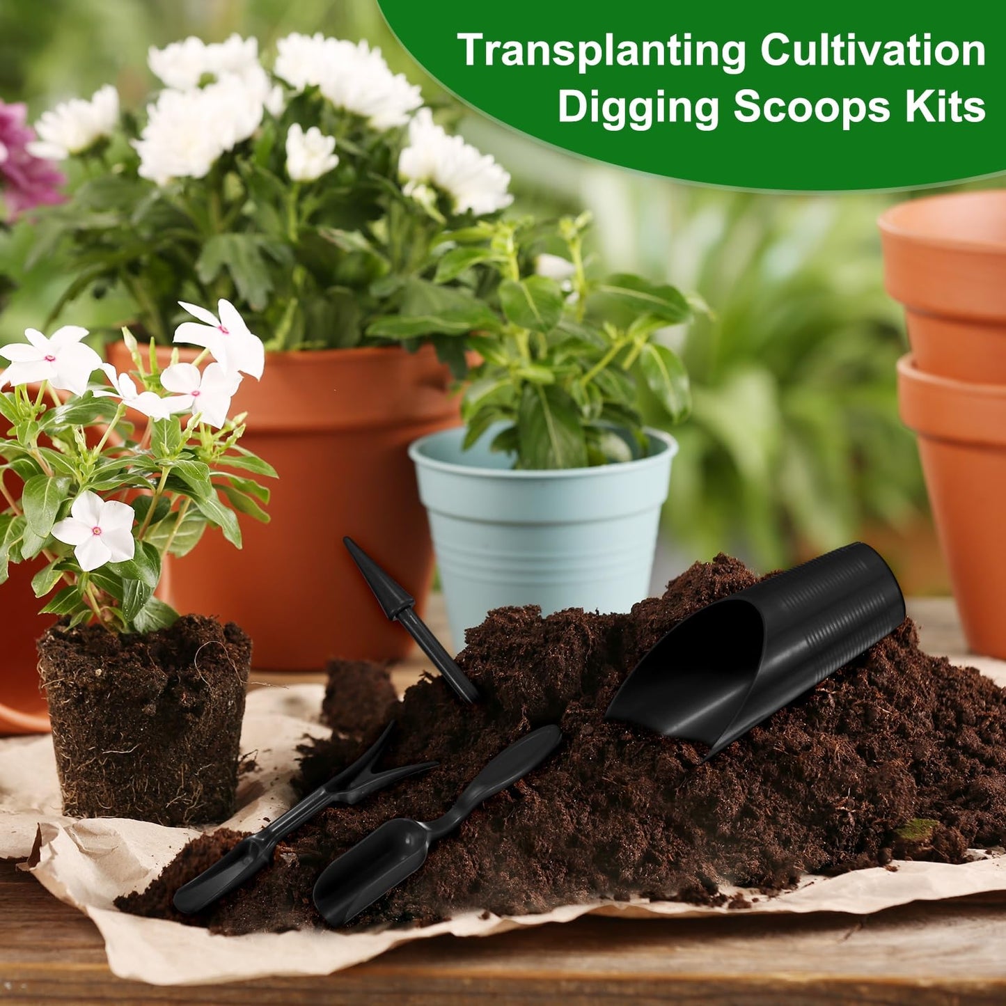 M METERXITY 2-Set Garden Shovel Hand Tools Transplanting Succulent Cultivation Digging Scoops Kits, Plastic Mini Garden Tool Set for Flower Planting/Bonsai Potting [Green, Black]