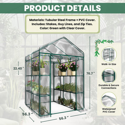 Greenhouse - Walk in Greenhouse with 8 Sturdy Shelves and PVC Cover for Indoor or Outdoor Use - 56 x 56 x 76-Inch Green House by Pure Garden