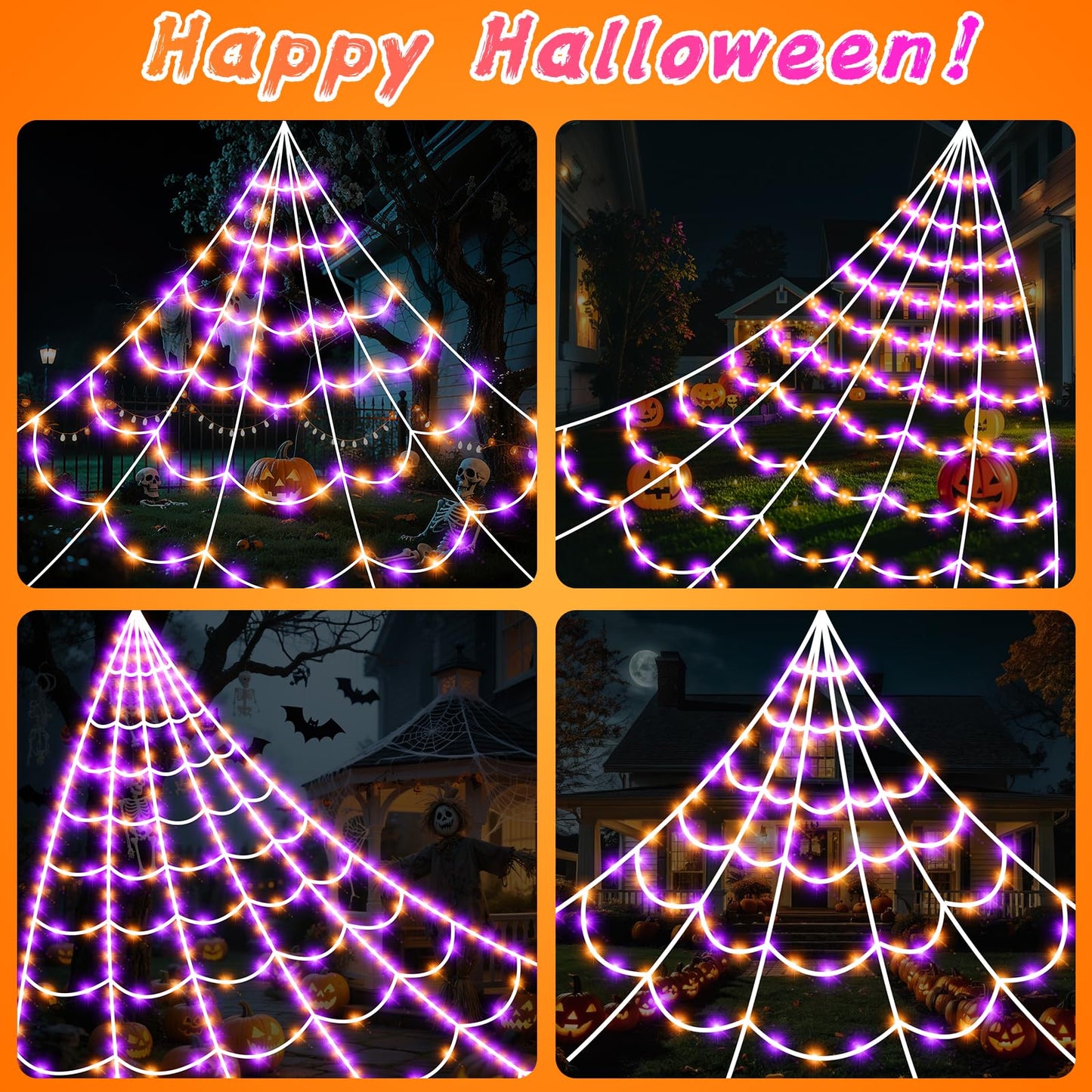 Halloween Spider Giant Web Lights: 350 LED Lighted Giant 23 Ft Halloween Decorations Light up with 8 Lighting Modes Outdoor Indoor Yard House Decor, Purple & Orange (350LED 23FT Giant Spider Web)