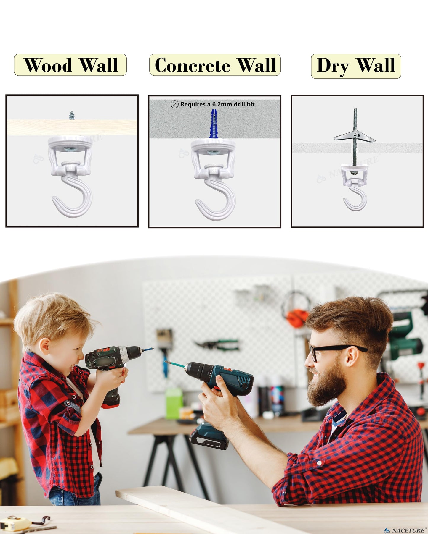 Swivel Swag Hooks for Ceiling Hanging - Heavy Duty Ceiling Hangers for Plants & Lights - Zinc Bolt Hook Installation for Cavity Wall Fixing (White 4 Pack)