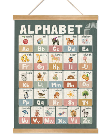 Educational Alphabet Chart Wall Art, 18.5x14Inch Colourful Alphabet Canvas Print Poster with Wooden Hanger, Classroom Learning Posters, A-Z Letters Wall Art Decor for Nursery,Playroom and Home School