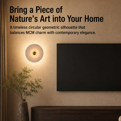 Natural Spanish Alabaster Wall Sconce, Modern Round Marble Wall Light with Unique Veins, Mid-Century Minimalist Stone Wall Lamp for Bedroom, Living Room, Hallway, Alabaster Light Fixture (Brass)
