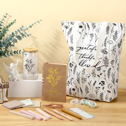 Singhoow 29 Pcs Bible Journaling Supplies Kit 16 oz Glass Cup Canvas Bag Leather Notebook Highlighters Pens Sticky Note Tapes Bible Study Supplies for Women Sunday School Teacher(Boho, Khaki)