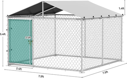 YITAHOME Outdoor Dog Enclosure with Metal Dog Gate, 7.5'x7.5' Dog Kennel Outside with Roof, Dog Fence Outdoor for Yard