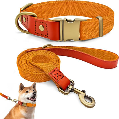 Dog Collar and Leash Set with Metal Quick Release Buckle, Adjustable, Breathable Nylon, Durable, Soft and Comfortable, No Pull for Walking and Training, Orange, L (14.9"-22.8")