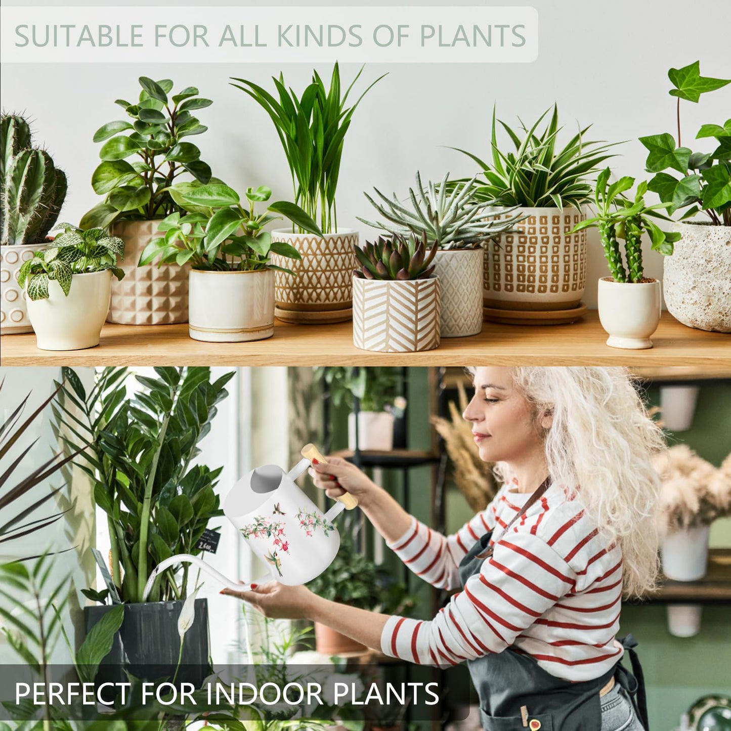 Watering Can Indoor Plants, 35oz Small Stainless Steel Metal Watering Can Modern Decorative Watering Pot with Long Spout for Indoor House Plant Bonsai Garden Flowers (White 1)