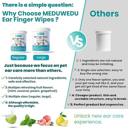 MEDUWEDU Ear Cleaner Finger Wipes 60 Counts, Dog Ear Cleaner, Grooming Kit Care for Dogs and Cats, Soft & Easy Otic Cleaning Pads, Remove Wax, Dirt & Stop Smelly, Itchy, Non-Irritating, Unscented