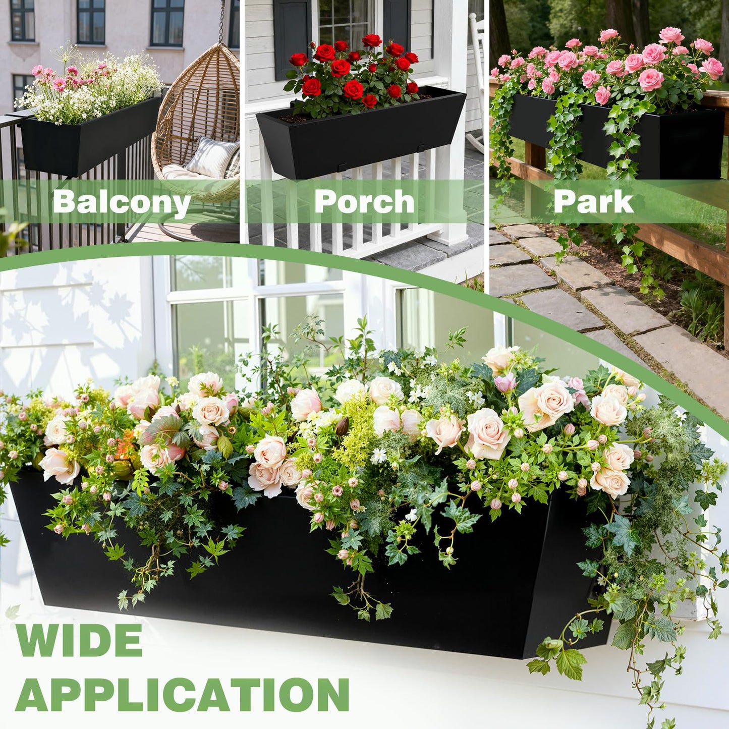 Railing Planter for Outdoor Plants 36'' Metal Hanging Flower Pot with Adjustable Brackets & Drainage Railing Planter Box Countryside Flower Plant Holder for Garden Yard Patio Balcony Deck Decor