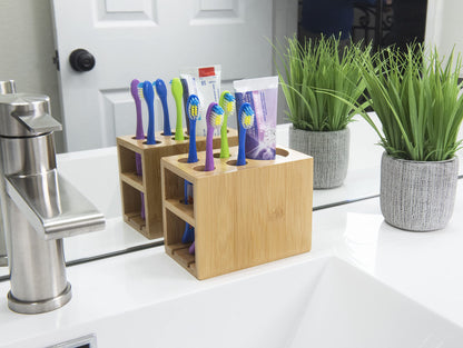 Bamboo Naturals Toothbrush Holder, Stores 4 Toothbrushes and 1 Toothpaste, Made of 100% Sustainable Bamboo, Stylish Bathroom Organizer Accessory, Easy to Clean and Odor Resistant