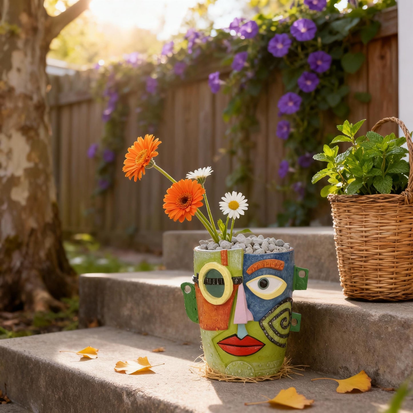 PlivBloom Abstract Face Planter Pot, Hand-Painted Resin Flower Pot with Top Opening for Planting, Decorative Planter for Indoor Plants, Art Accent Flowerpot Decor