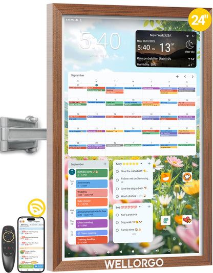 Wellorgo 24" Digital Calendar, Electronic Smart Calendar for wall, Family Daily Planner/Chores Chart for Kids, Touch Screen with Remote, Streaming Apps Available, Adjustable Wall Mount & Picture Frame
