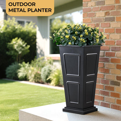 23" Tall Metallic Planter for Outdoor Plants Set of 2, Tapered Steel Flower Pot with Removable Middle Partition Drainage Holes, Large Metal Planters for Front Porch, Garden, Patio, Balcony, Black