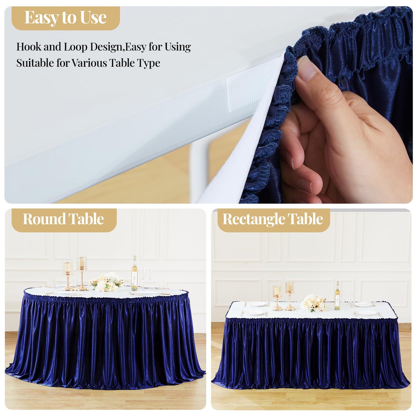 Wish Care 6ft Navy Blue Satin Table Skirt for Rectangle Tables Wrinkle Free Teacher Desk Skirt Glitter Ruffle Table Skirting Cloth for Back to School Classroom Office Dorm Birthday Party Table Decor
