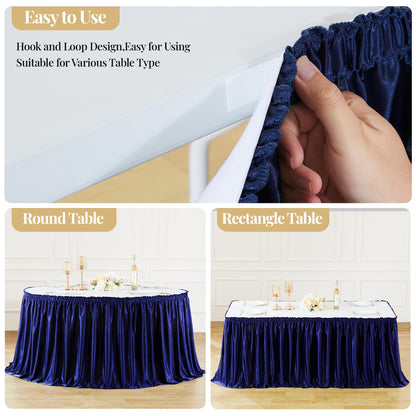 Wish Care 6ft Navy Blue Satin Table Skirt for Rectangle Tables Wrinkle Free Teacher Desk Skirt Glitter Ruffle Table Skirting Cloth for Back to School Classroom Office Dorm Birthday Party Table Decor