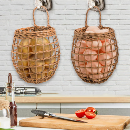 Elsjoy Set of 2 Hanging Onion Basket, Wall Mount Small Wicker Baskets for Food Storage, Woven Rattan Basket for Kitchen, Pantry, Home Decor