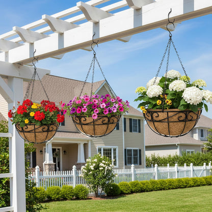 EIMQUVW Outdoor Metal Hanging Planters Basket (4pack, 12 inch) Hanging Baskets for Plants Chain Round Wire Plant Holder with Coco Fiber Liners for Garden, Patio, Deck, Porch(Flower Border)
