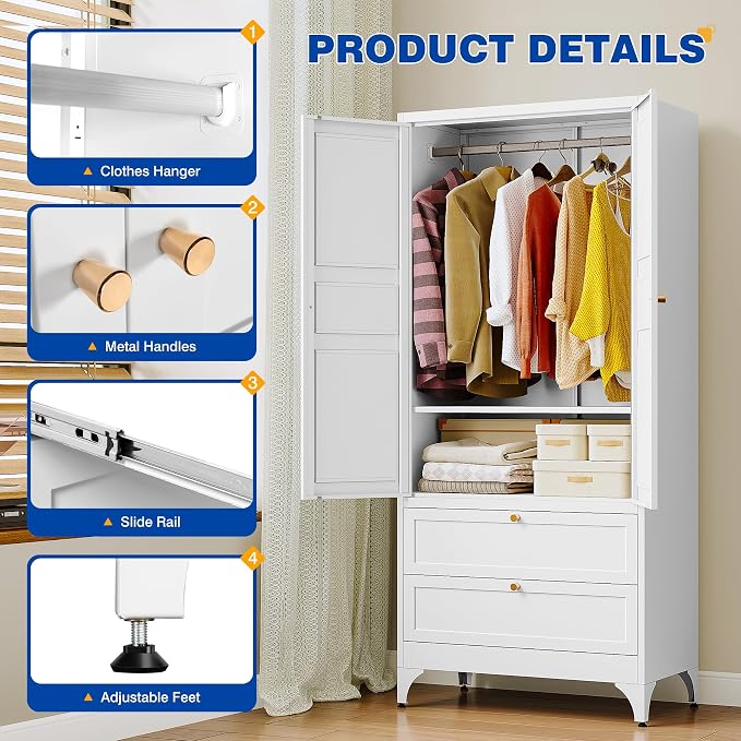 BYNSOE Metal Armoire Wardrobe Closet with 2 Drawers 72'' Wardrobe Cabinet with Drawers and Hanging Rail Metal Closet with Adjustable Shelves for Bedroom. (White, with 2 Drawers)