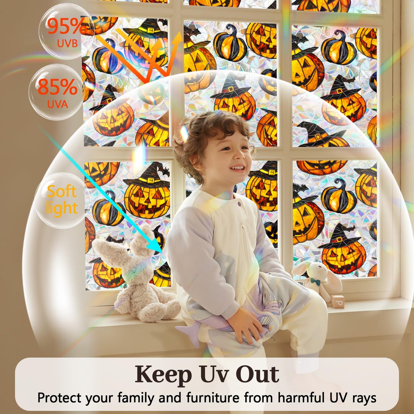 Bloss Halloween Window Clings,Stained Glass Windows Film,Pumpkin Glass Fall Windows Clings, 3D Decorative Privacy Films,Cute Halloween/Thanksgiving Window Stickers for Home Decor, 17x39.4Inch