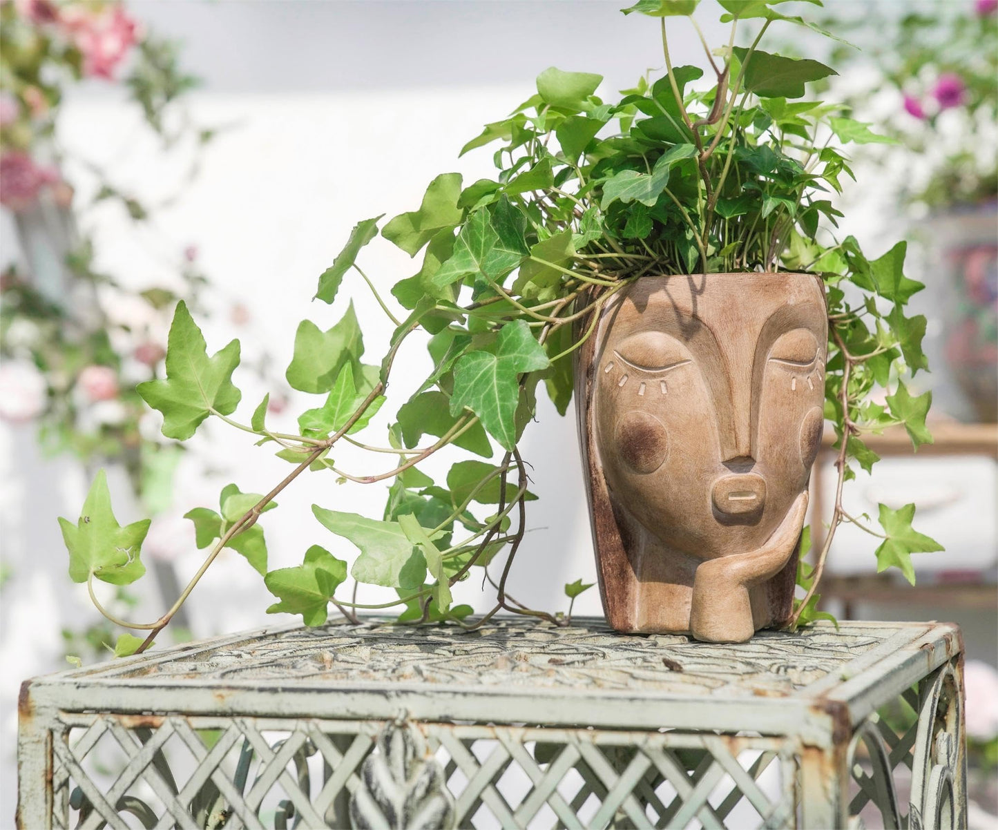 Saysmile Head Planters for Indoor Plants, Face Flower Pot Head Planter Succulent Planters Unique Face Planter with Drainage Hole - Rustic Thinking Girl Closed Eyes