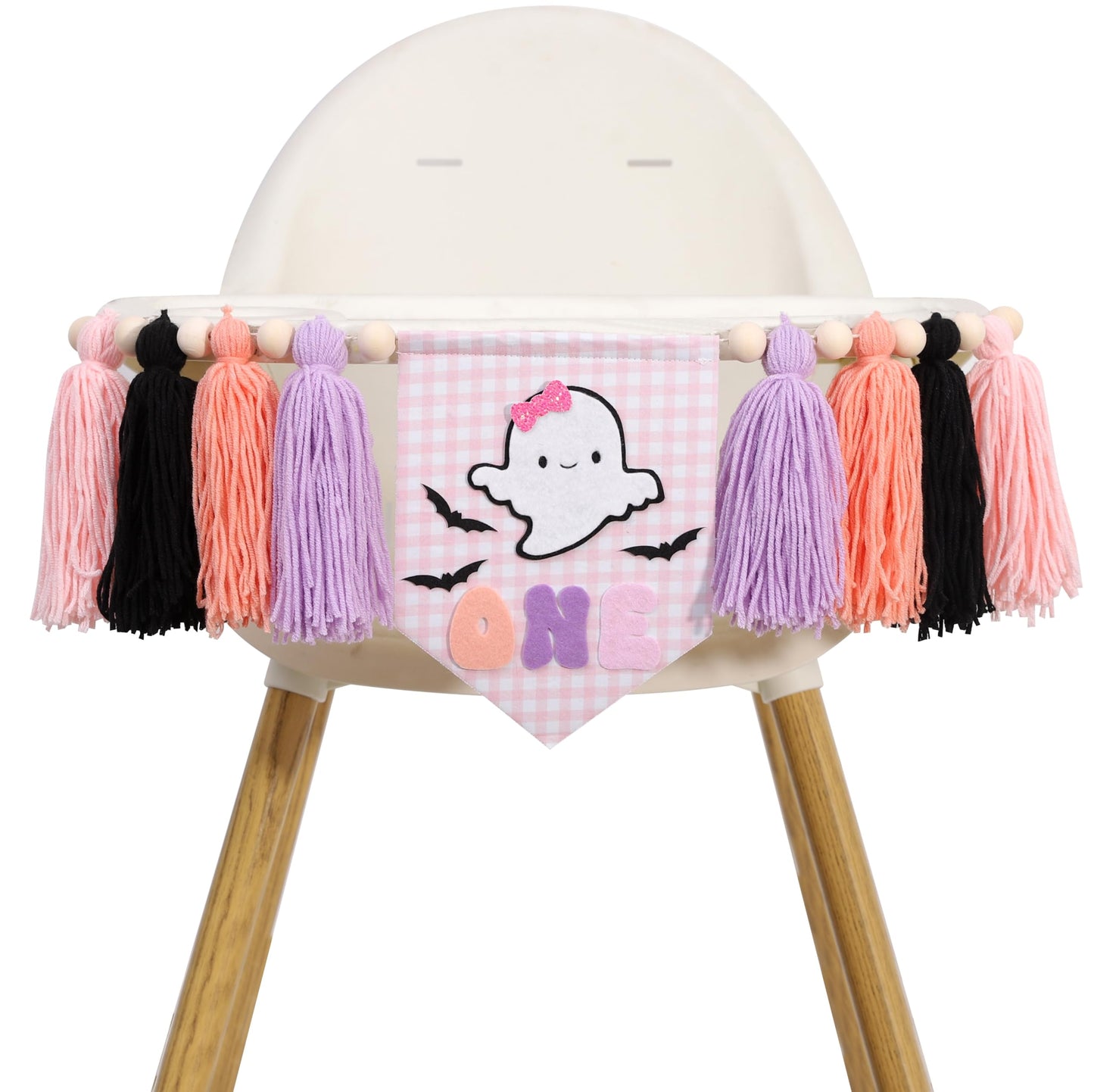 Spooky One High Chair Banner for Girls - Pink Ghost Yarn Tassel Highchair Banner, Halloween 1st Birthday Decorations, Our Little Boo is One Birthday Decor
