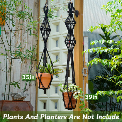 XINBOR Hourglass Floating Macrame Plant Hangers 2 Pack Handmade Cotton Rope Hanging Planters Basket with S Hooks, Diamond Openwork Boho Home Decor for Indoor Outdoor, Plants Holder 35" & 39” (Black)