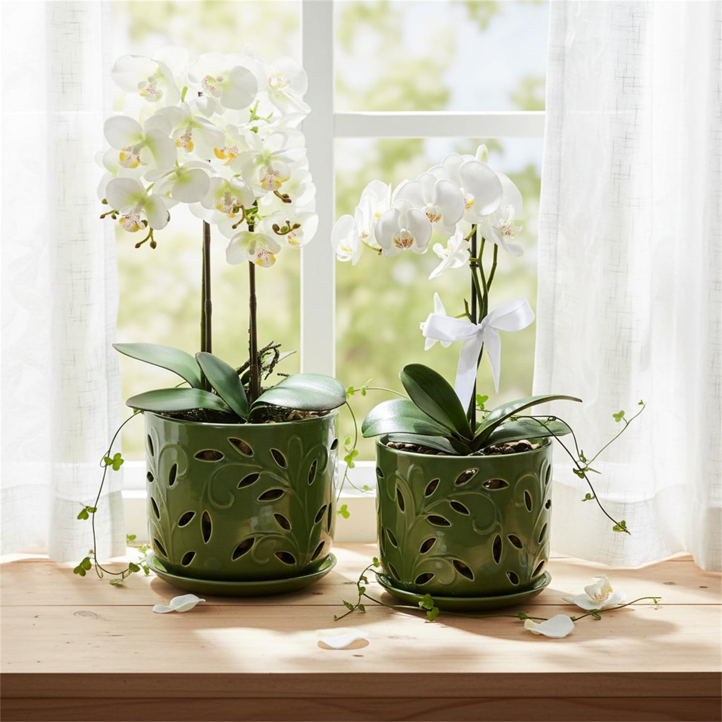 EFISPSS Orchid Pot with Holes, 5+6Inch Ceramic Plant Pots with Drainage Holes and Tray, Promoting Air Circulation and Drainage, Indoor/Outdoor Flower Pots-Green