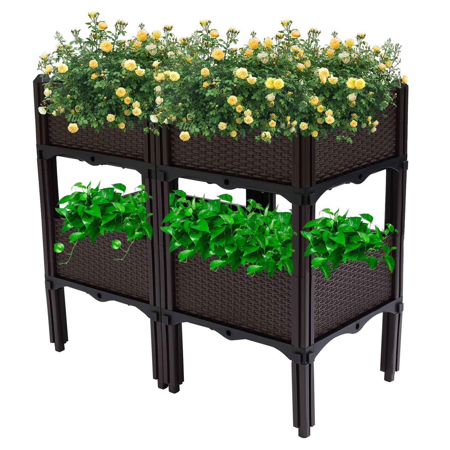 DYRABREST Set of 4 Raised Garden Bed Self-Watering Plastic Planter Box Stand with Legs, Sun and Frost Resistant Planter Outdoor Vegetable Growing Bed for Flower Herb Backyard, Patio, Balcony