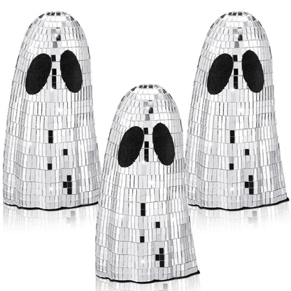 Gemscream 3 Pcs Halloween Disco Ghost Decor 5.9 Inch Silver Mirror Disco Balls Table Decoration Silver Glitter Spooky Ghost Sign Halloween Tiered Tray Decor Mosaic Table Centerpiece for Party Gift