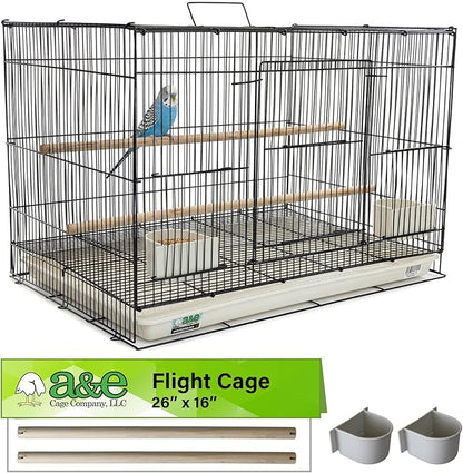 A&E Cage Co 503 Flight Cage – 24"x16"x16" Small Bird Cage with Slide-Out Tray, Wood Perch, Dual Feeding Stations & Carry Handle – Black Powder Coated Cage for Finches, Canaries & Small Birds
